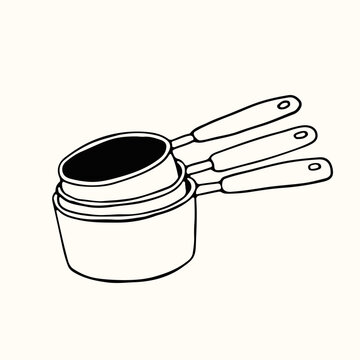 A nested set of three dry measuring cups with long handles is shown in a simple line art style. This hand drawn vector is perfect for measurement-focused illustrations, recipes, and culinary blogs