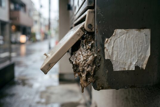 Macro close-up of an apartment mailbox drop flap with paper flyer sludge and blank torn paper