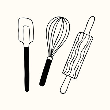 Three classic baking utensils a spatula, a balloon whisk, and a rolling pin, illustrated in a rustic hand drawn style. This vector graphic is excellent for bakery logos and cooking themed patterns