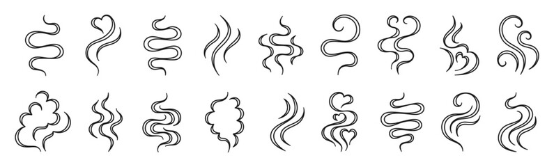 Obraz premium Steam and swirl smoke icon set hand drawn doodle comic set. Flowing swirls curved lines representing aroma waves comic scent. Minimal linear symbols soft abstract vapor shapes and dynamic air fluid