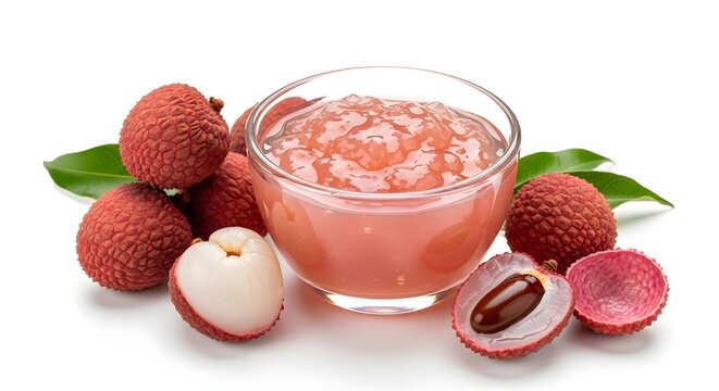 Exotic Lychee Delight: Fresh Fruit and Sweet Preserve in Glass Bowl, Illustrating Tropical Flavors and Culinary Innovation