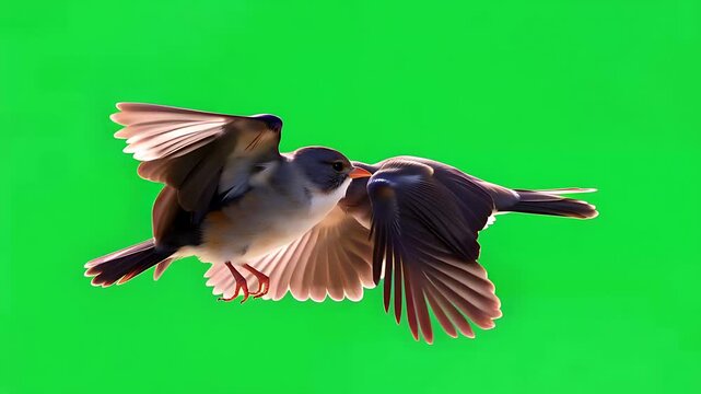 Two small birds in mid-flight interaction with beaks touching, isolated on a bright green screen.
