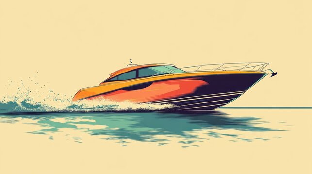 Sport Boat in Motion on Calm Water, Retro Illustration