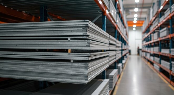 Steel sheet stacked in warehouse aisle with industrial metal storage racks