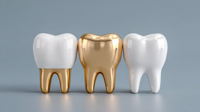 Three stylized tooth models in white and gold showcasing dental health concepts and restoration techniques on a smooth gray background for professional use