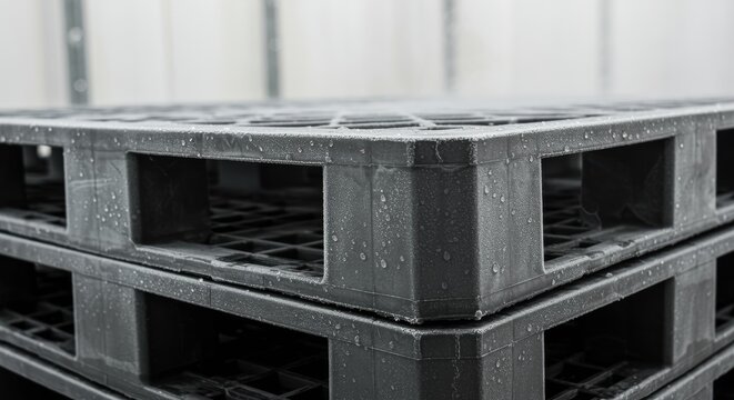 Black plastic pallet stacked warehouse logistics supply durable textured surface