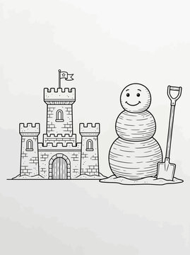 A sandcastle and sandman on beach.
