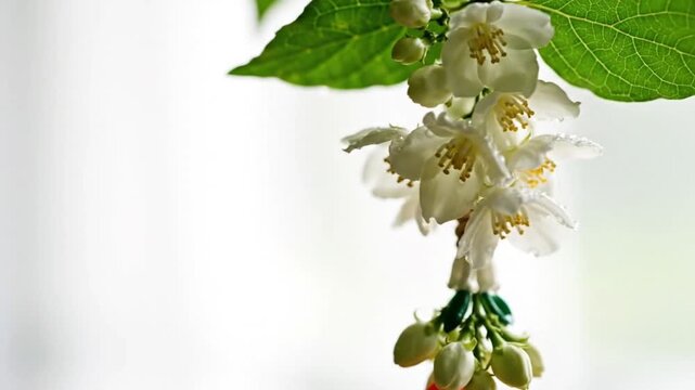 Close up jasmine flower garland gently swaying bright clean background empty space 4K