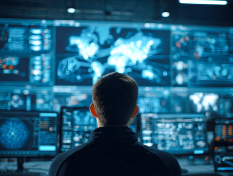 Technician or analyst monitoring multiple global data screens in a futuristic control room focused on cybersecurity and network operations management