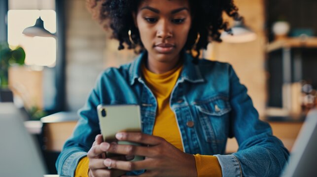 Young Woman Wearing Denim Jacket Using Smartphone in Modern Workspace