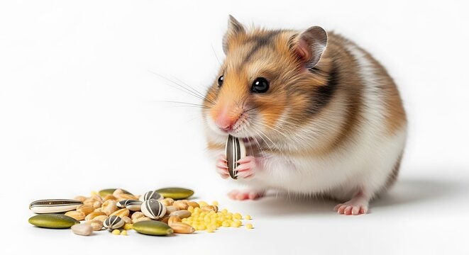 Hamster eating on white.