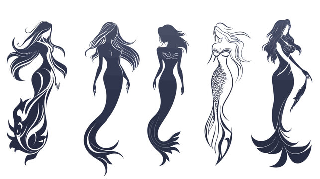 Silhouettes of five mermaids with flowing hair and elaborate tails in various graceful poses