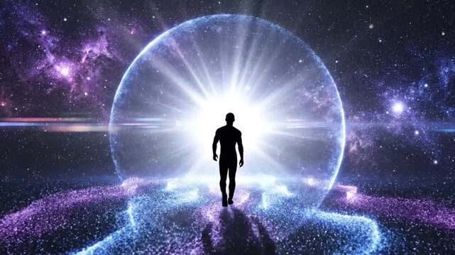 Silhouette Walking Towards Bright Light in Space