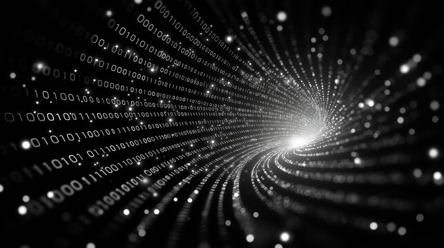 Digital Vortex: a futuristic spiral tunnel of binary code data. It evokes sense of technological advancement, data flow and virtual realm.