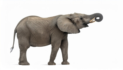 Fototapeta premium African elephant lifting trunk on white background
