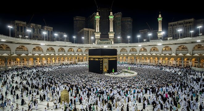 The grand mosque in mecca at night a sacred gathering of pilgrims