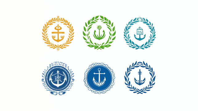 Six stylized nautical emblems with anchors, surrounded by laurel wreaths, in various colors and designs