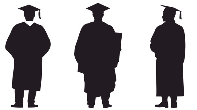 Silhouetted graduates, robed and capped, in various poses against a white backdrop