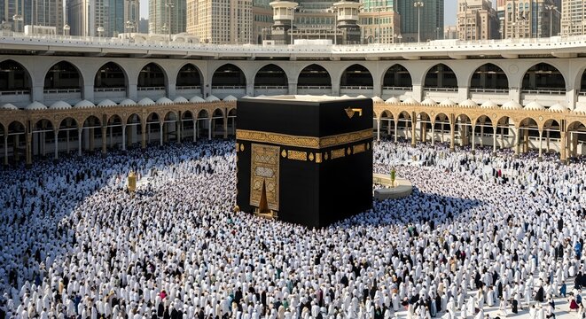 The kaaba in mecca surrounded by pilgrims during hajj