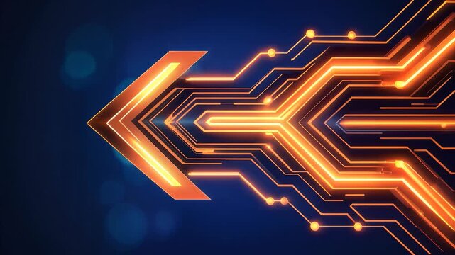 Glowing orange circuit board, dynamic neon arrow motion, futuristic technology background with blue bokeh lights, symbolizing innovation and digital progress.