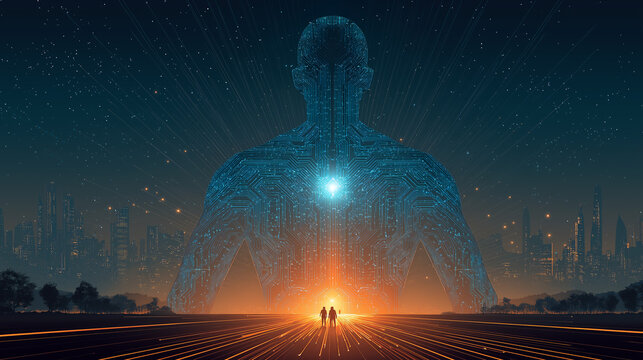 Digital Pathway: Two figures approach a colossal digital construct, its form shimmering against a twilight sky dotted with stars.
