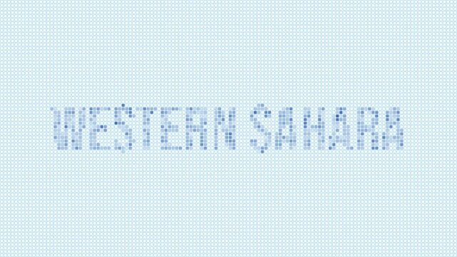 Western Sahara dotted map animation. Digital style shape of the country. Western Sahara shape and title dots appear with bulb flickering effect. Intro, outro, logo, title video.