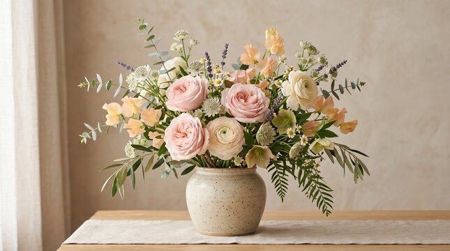 A beautiful floral arrangement of pink roses and other flowers in a vase on a table indoors.