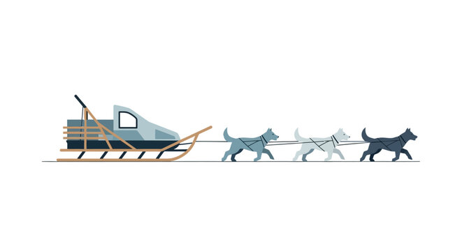 Dog sled team pulls a sled across a white background.