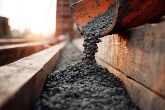Fresh concrete being poured from mixer chute into wooden formwork during construction at sunset with soft natural lighting and blurred background