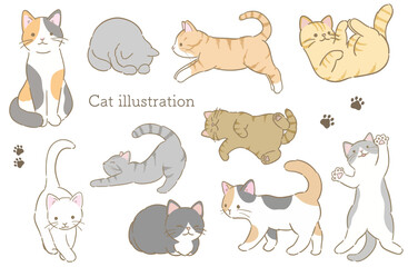 Fototapeta premium シンプルで可愛い色々な模様、色の猫たちのカットイラストセット、挿絵に使えるカットイラスト