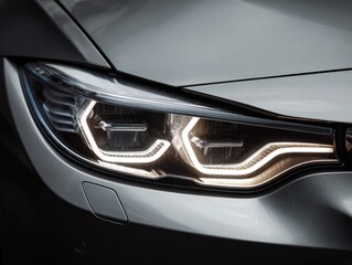Fototapeta premium Modern design of a sleek silver car headlight glowing with bright led lights and sharp contours emphasizing high-tech automotive styling