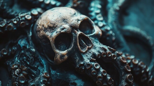 Skull adorned with tentacles, dark background