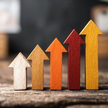 Colorful wooden arrows arranged in ascending order on rustic wooden surface symbolizing growth, progress, and upward trend against blurred background