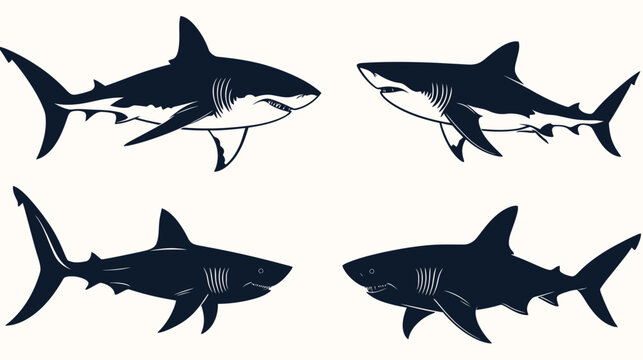 Four stylized silhouettes of sharks in various orientations against a cream-colored background