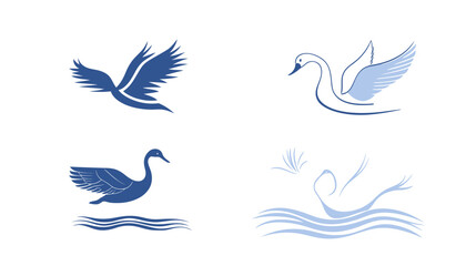 Obraz premium Collection of stylized illustrations of swans, each in a different pose and style, mostly blue