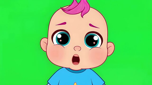 Sad cartoon baby with pink hair crying on a green screen background, expressing distress