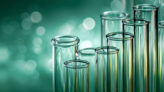 Transparent empty glass test tubes standing in a row with a glowing green bokeh background for laboratory science and chemistry concepts