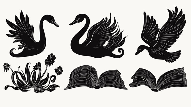 Silhouetted designs featuring avian figures, floral elements, and open book depictions