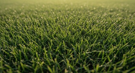 Obraz premium Close-up of vibrant green blades of grass, basking in sunlight, the lush texture and verdant color evoke feelings of serenity and renewal. 