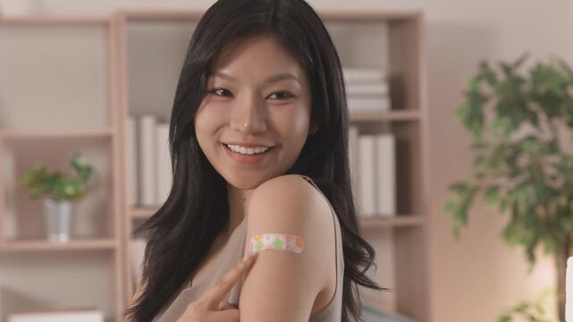 Happy smiling asian woman at home shows bandage on her arm after vaccination, positive look at public health, wellness and building strong personal immunity for prevention