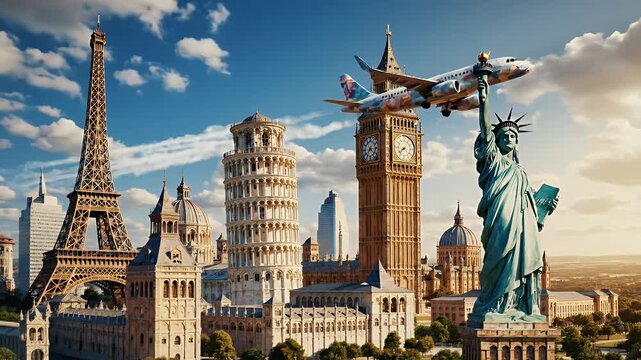 A Global Montage of Iconic World Landmarks Forming an Impressive Panoramic Cityscape