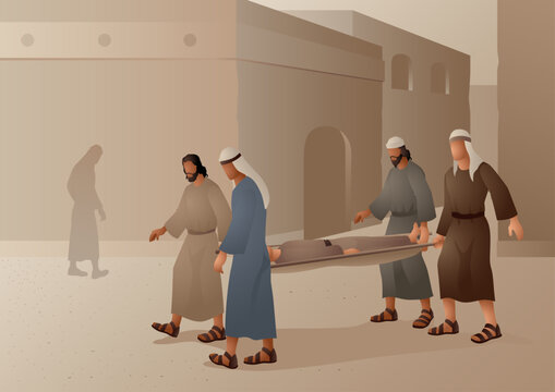 Biblical vector illustration series, biblical scene of four friends carrying a paralyzed man to Jesus