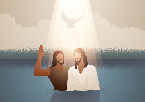 Biblical vector illustration series, Jesus baptised by John the Baptist