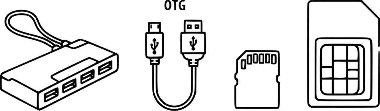 SIM Card and Mobile Connectivity Set Featuring USB Hub OTG Cable and Memory Storage Icons