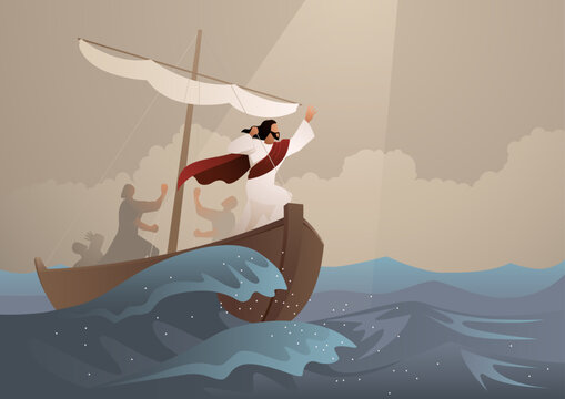 Biblical vector illustration series, Jesus calms the storm. Peace Be Still