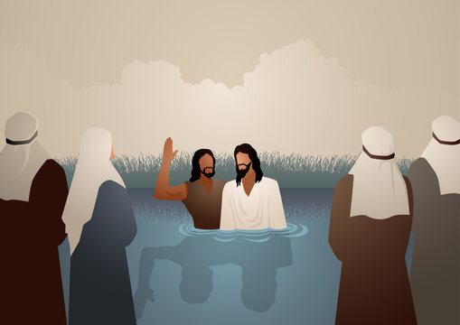 Biblical vector illustration series, Jesus baptised by John the Baptist