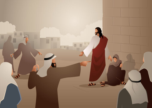 Biblical vector illustration series, Jesus Forgives Adulterous Woman. Let he who is without sin cast the first stone