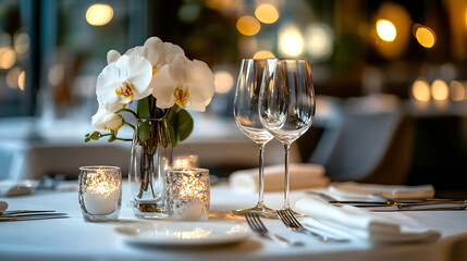 Fototapeta premium Elegant dining setting with white orchids and candles, creating a romantic atmosphere in a restaurant for an intimate dining setup