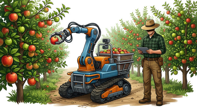 Robotic Harvester Picking Apples from Tree.