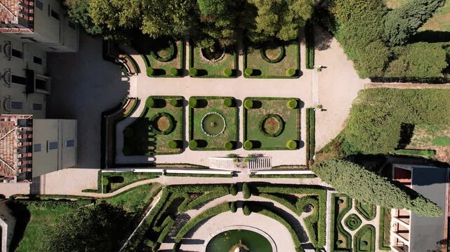 Elegant landscape with fountain features. Stylish estate garden highlighting precise geometry and water features